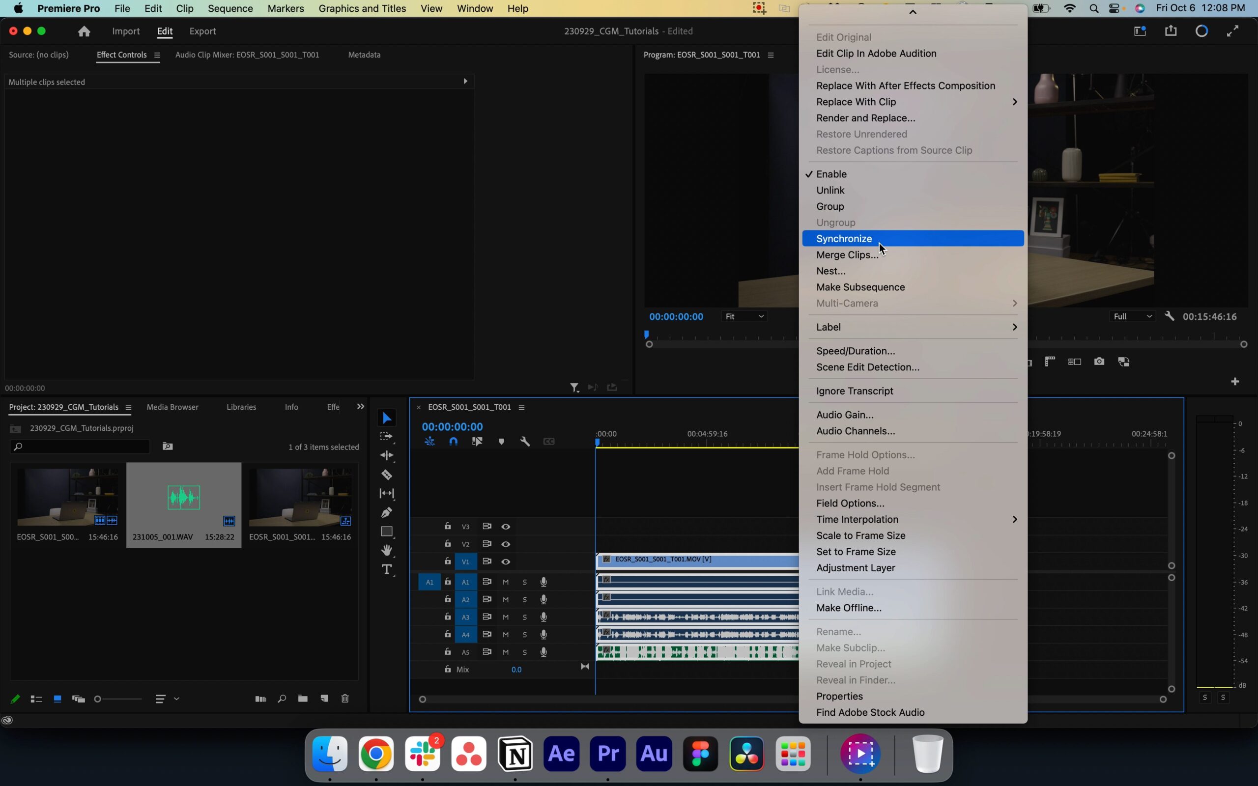 How to sync audio and video in Premiere - step 2, right click on the track and select Synchronize