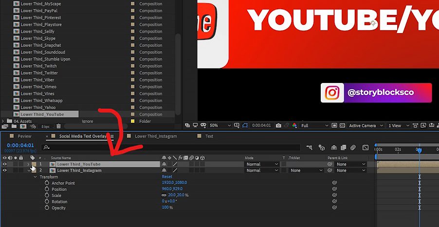 Drag second pre-comp to social media text overlay composition 