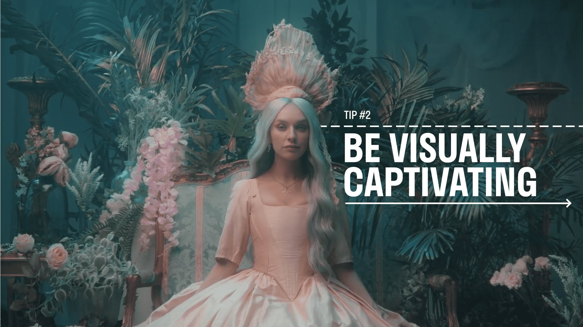Image of Zolita from one of her music videos with white text that reads Tip #2 - Be visually captivating to create videos that engage audiences.