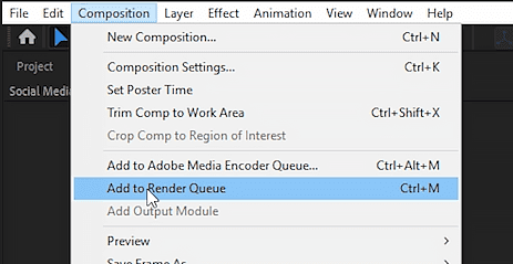 Click render queue under Composition Window to render video