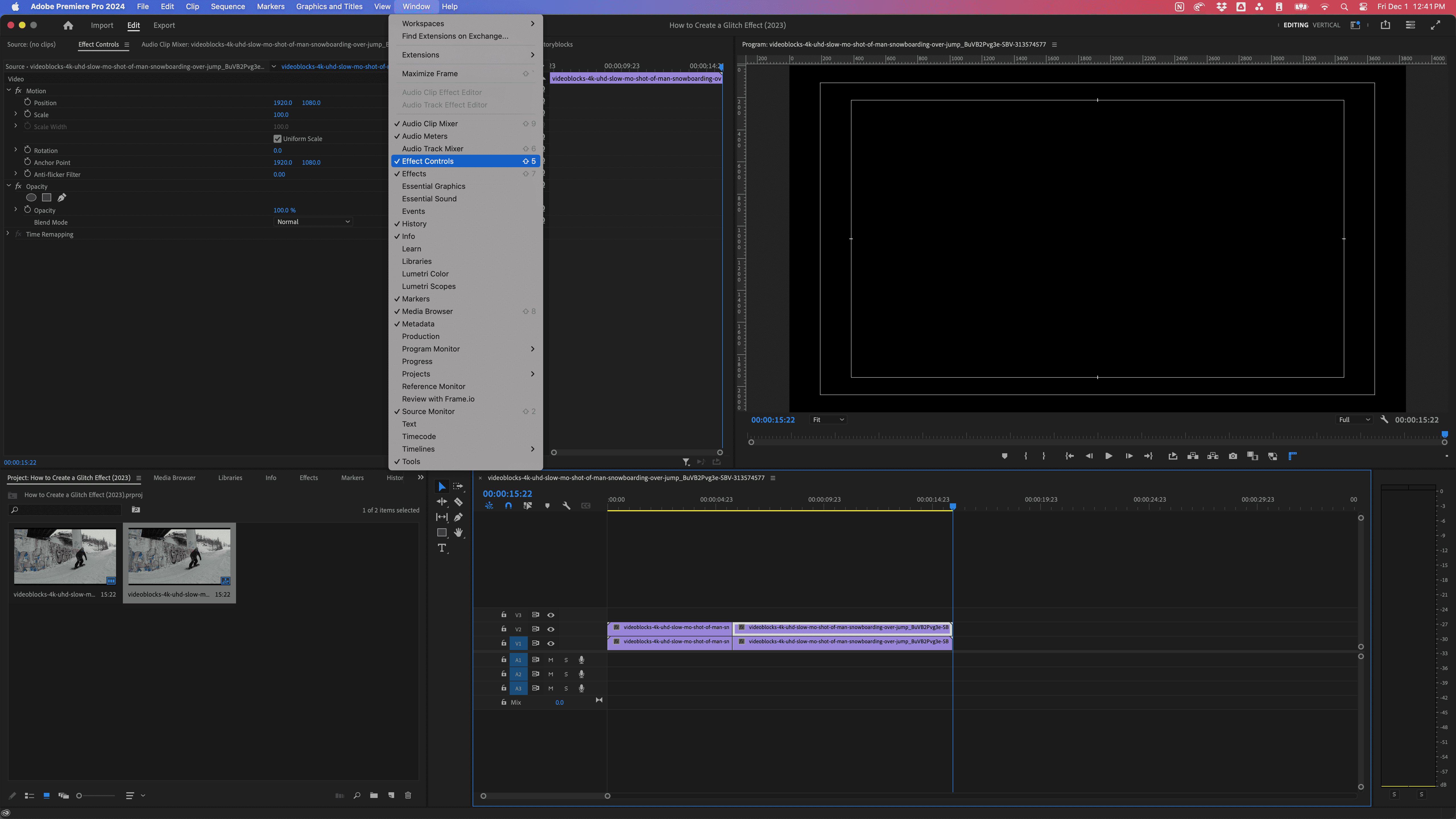 Step 4 of creating a glitch effect in Premiere pro - use the Effect Controls panel and adjust the opacity to 50%.