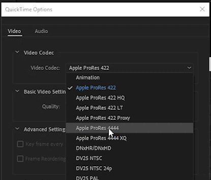 Change Video Codec to Apple ProRes 4444