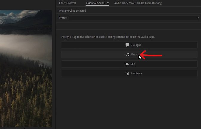 Premiere Pro - Select 'Music' Option within 'Essential Sounds' panel 