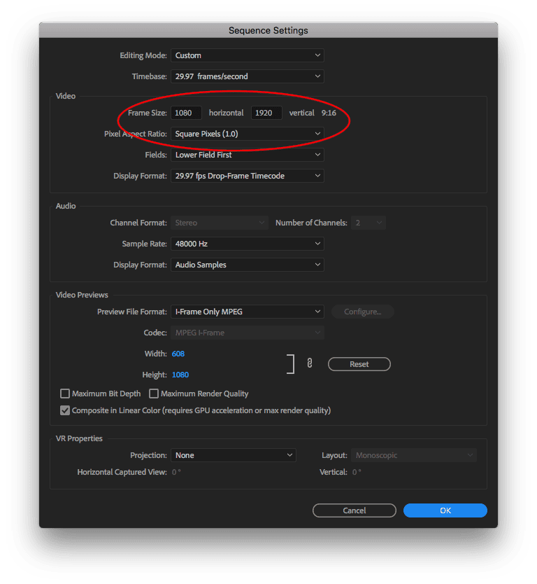 edit sequence settings