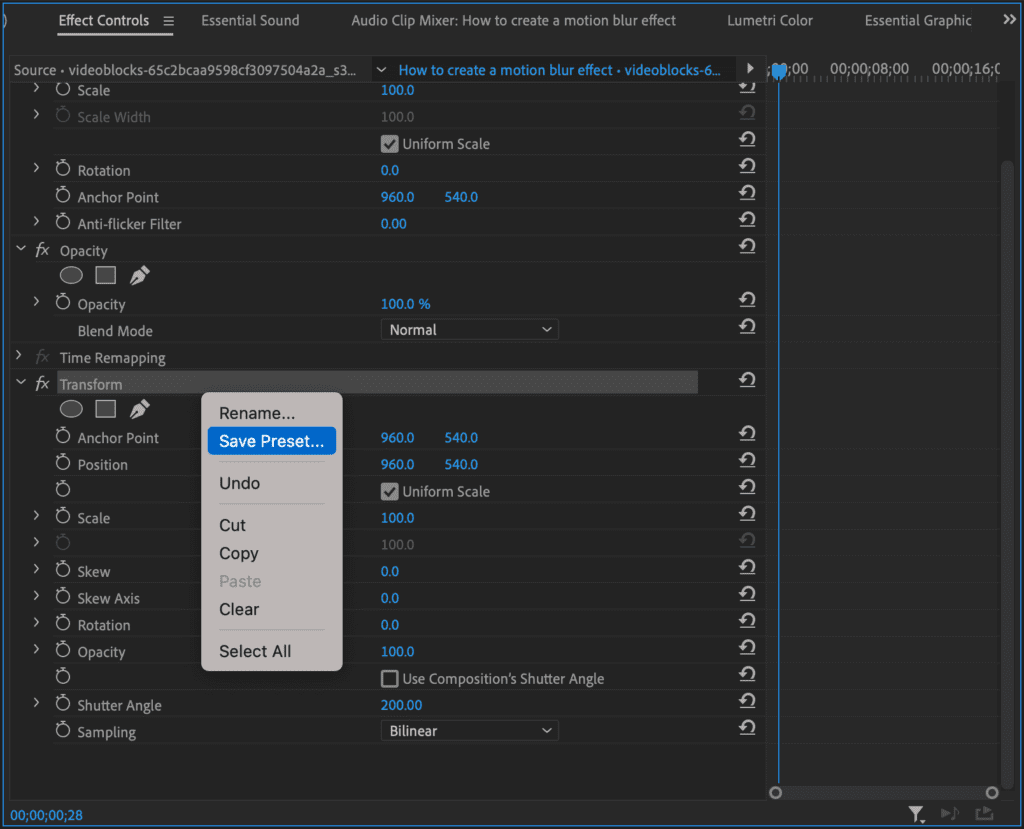 Create a preset for adding a Premiere Pro motion blur effect