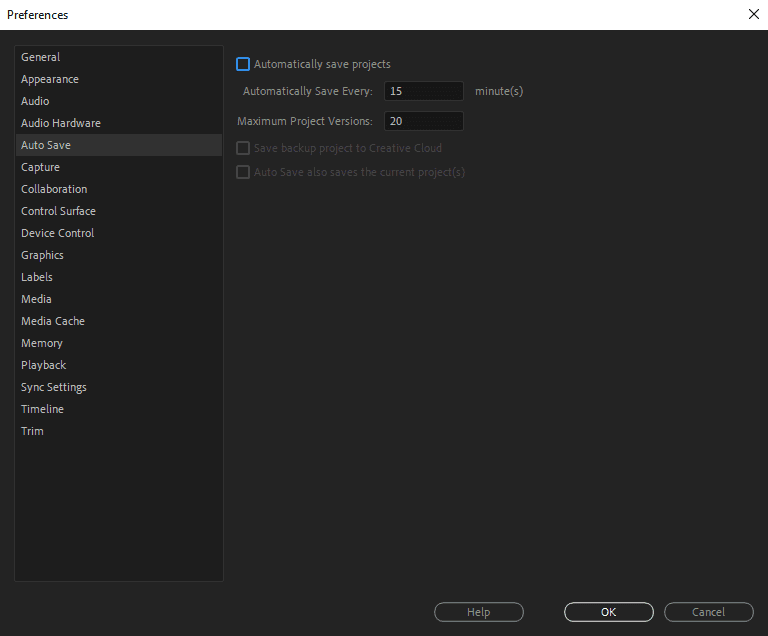 Premiere Pro's Preferences menu highlighting where to disable the Auto Save feature.
