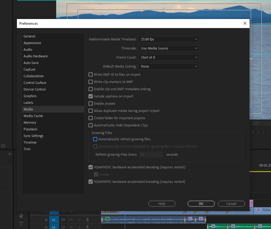 The Premiere Pro Preferences window highlighting where to enable the "Automatically refresh growing files" setting.