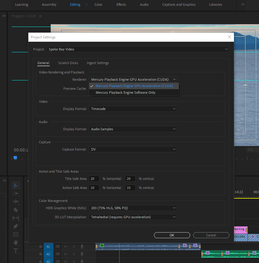 The Project Settings window highlighting Premiere Pro's different Renderer options.