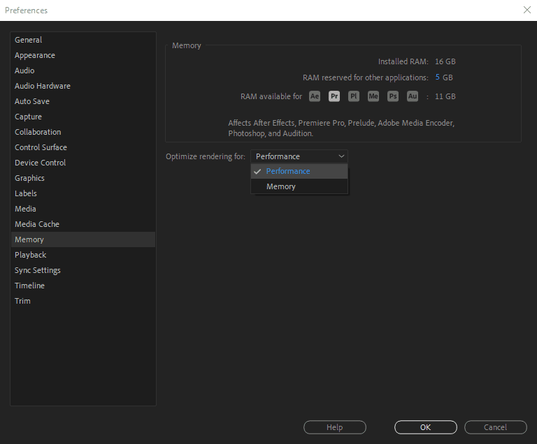Premiere Pro's Preferences window showing how to optimize rendering for Performance.