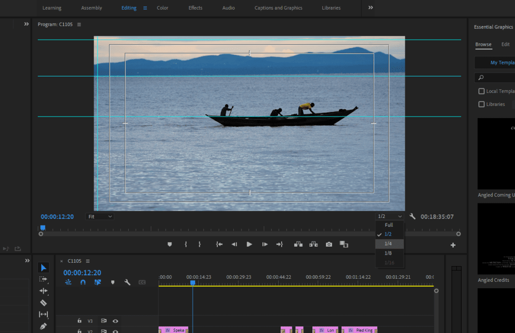 The Premiere Pro workspace showing the playback resolution drop-down menu in the bottom-right corner of the Program Monitor.