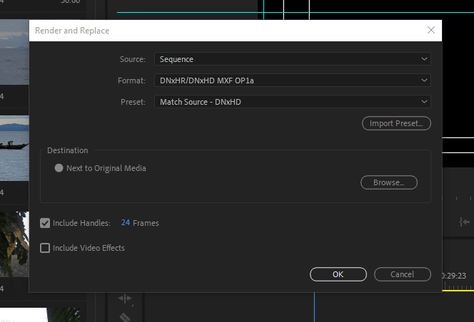 The settings window for Render and Replace. Make sure all settings match your project needs, then press OK.