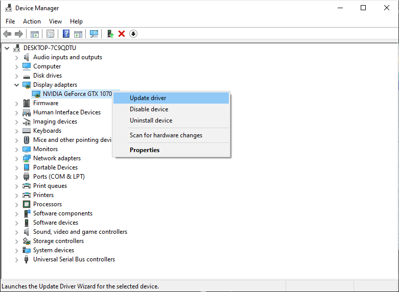 Windows' Device Manager highlighting how to update a GPU driver.