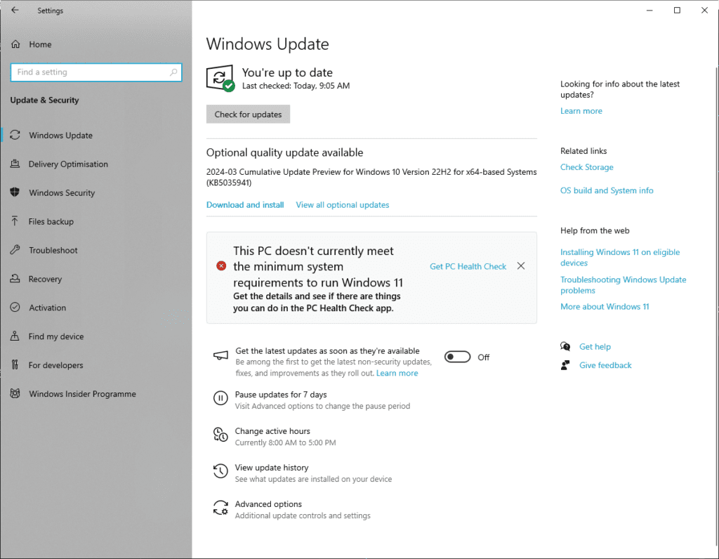 The Windows Update window showing where to select the Check for updates button.