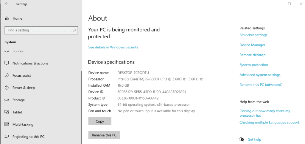 The device specifications page for a Windows 10 PC.