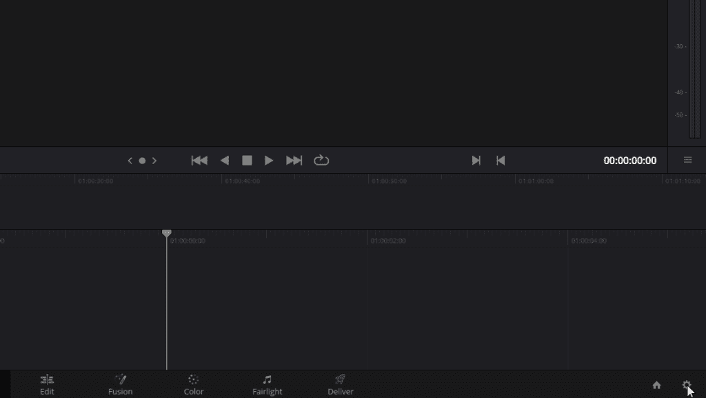 DaVinci Resolve's interface showing where to select the Project Settings icon.