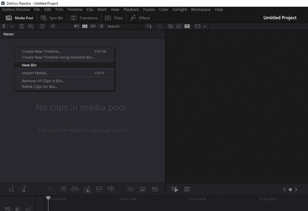 DaVinci Resolve's Media Pool interface showing how to select New Bin.