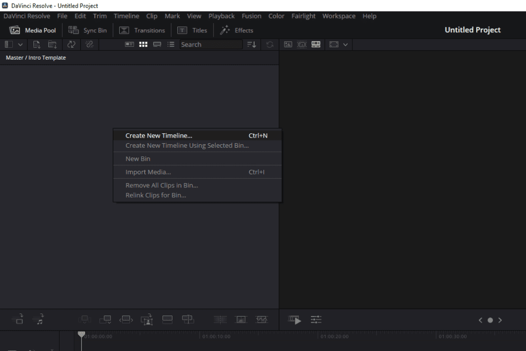 DaVinci Resolve's Media Pool interface showing how to create a new timeline.
