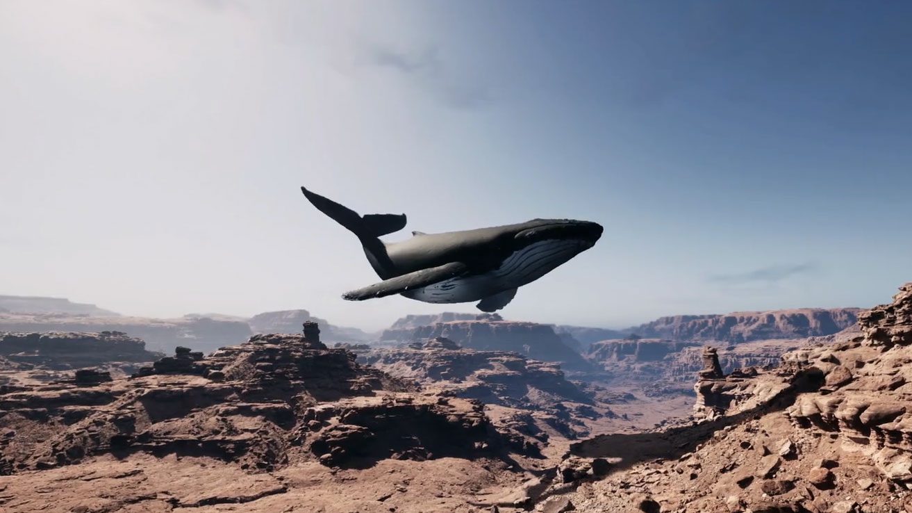 What is CGI? Image of a computer generated whale flying through a desert landscape.