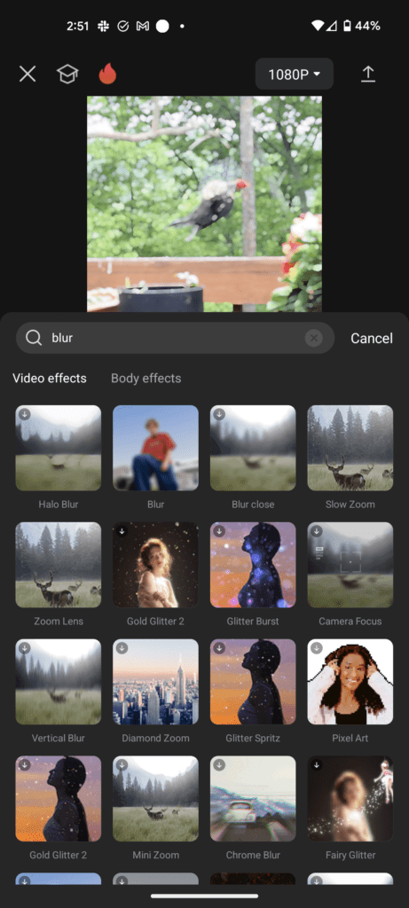 Blur video effects search results.