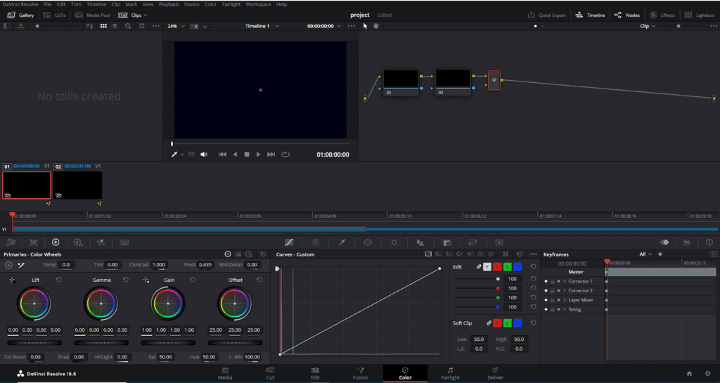 DaVinci Resolve's node-based color correction and editing system.
