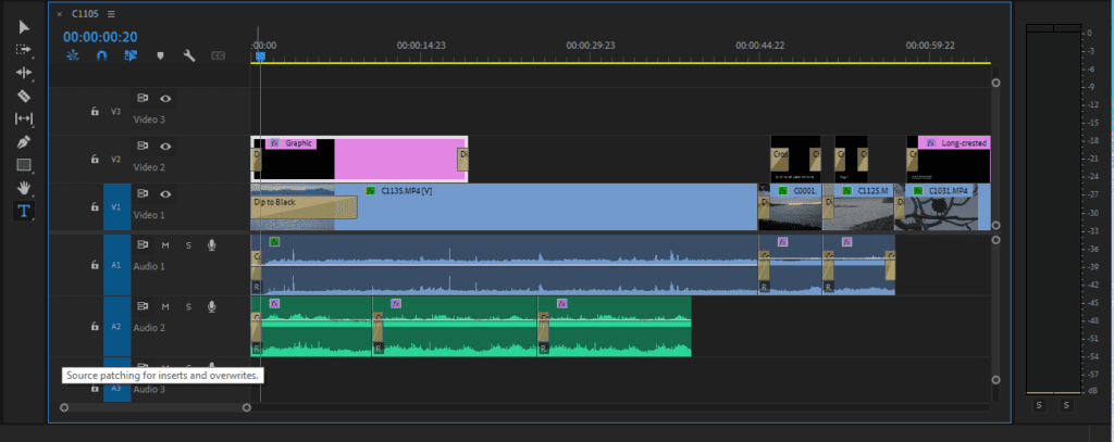 Sample of the Premiere Pro timeline with audio and video tracks layered on top of each other.